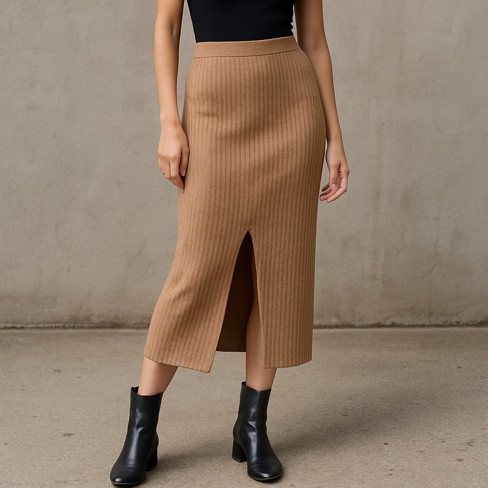 Free People Ribbed Knit Midi Skirt Camel Brown Size Large